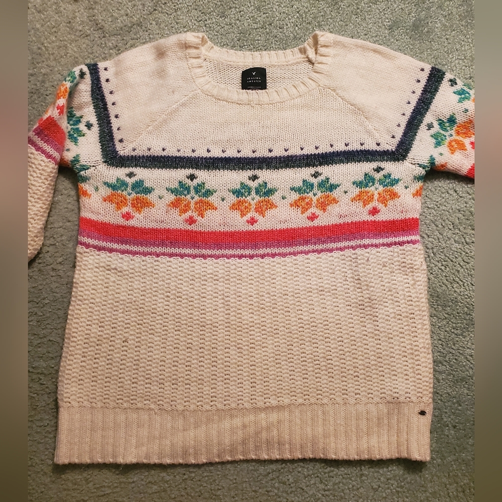 American Eagle Crewneck White Jegging Sweater with Rainbow Line Design, XL